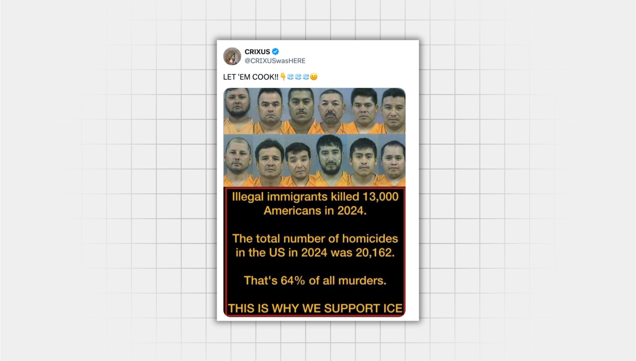 Screenshot of a false X post from a user with the username “@CRIXUSwasHERE” that reads: LET 'EM COOK!!” with a finger pointing down emoji, three ice cube emojis, and a poker face emoji. Attached is an image with a collage of 12 men in prison uniforms and yellow text on a black background that reads: “illegal immigrants killed 13,000 Americans in 2024. The total number of homicides in the US in 2024 was 20,162. That’s 64% of all murders. THIS IS WHY WE SUPPORT ICE”