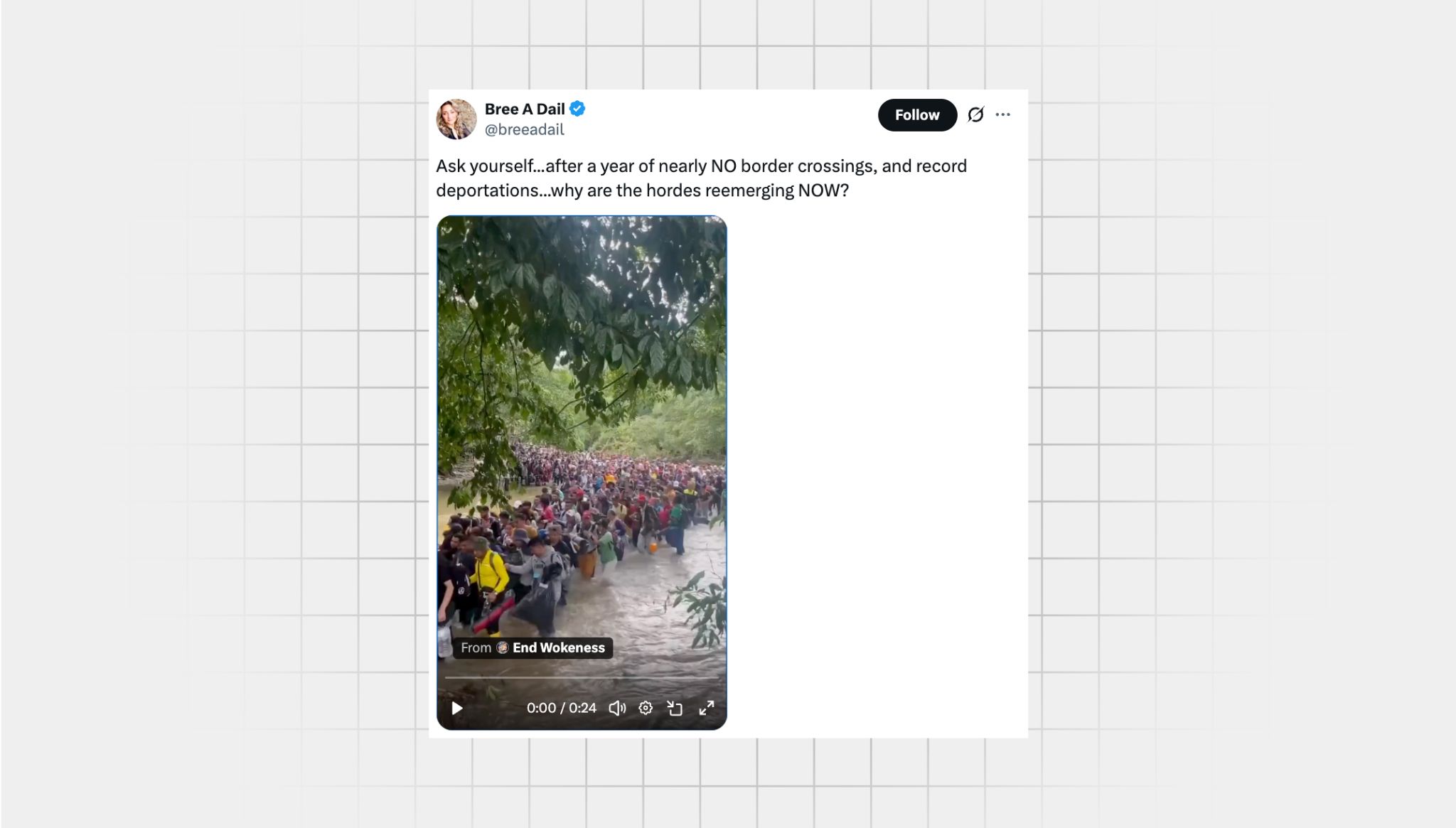screenshot of a misleading X post from a user with the username “@breeadail” that reads: “Ask yourself...after a year of nearly NO border crossings, and record deportations...why are the hordes reemerging NOW?” Attached is footage of people walking in a group through a river in a jungle.
