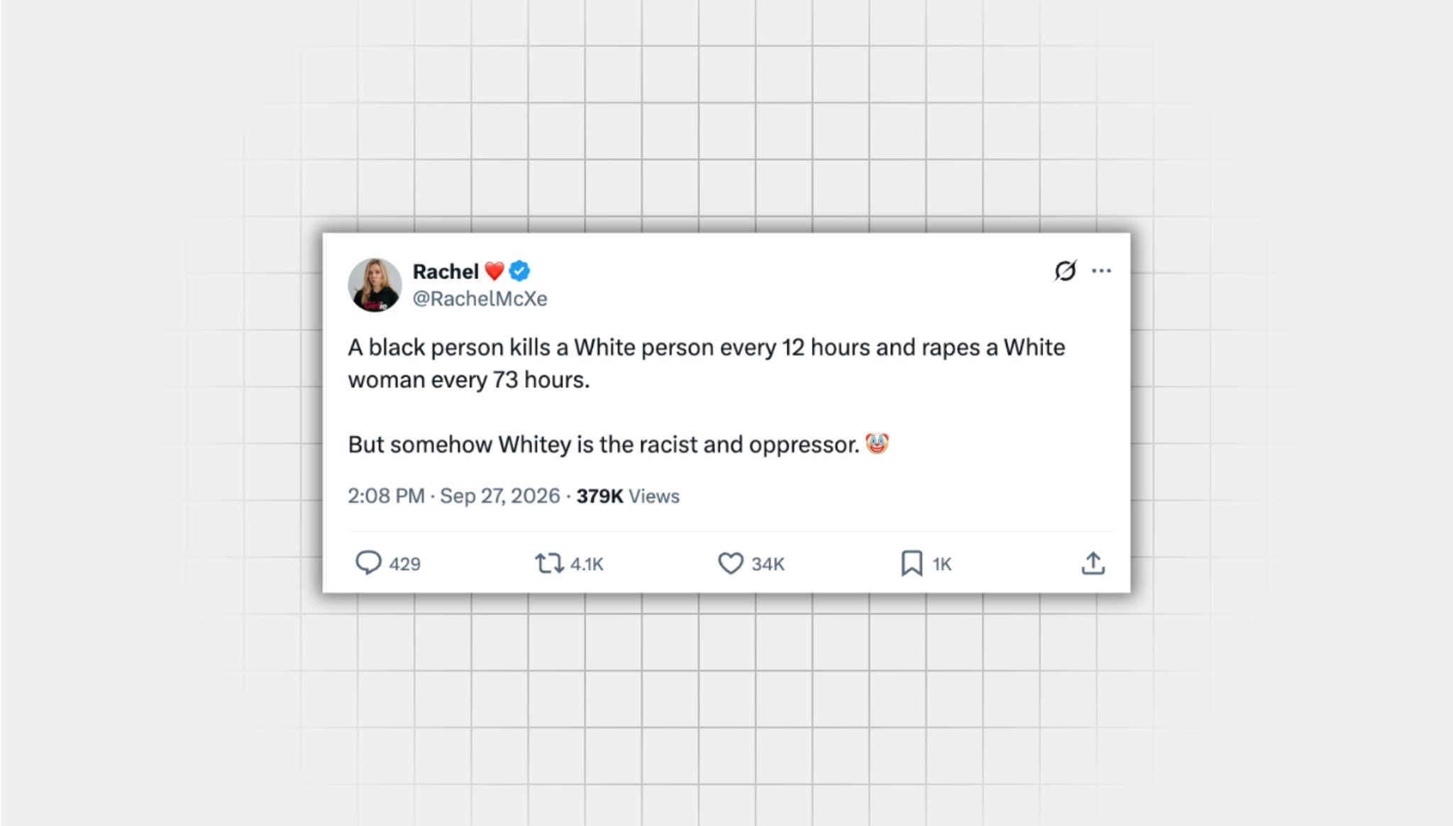 A screenshot of a misleading X post from a user with the username “@RachelMcXe” that reads: “A black person kills a White person every 12 hours and rapes a White woman every 73 hours. But somehow Whitey is the racist and oppressor.” with a clown face emoji