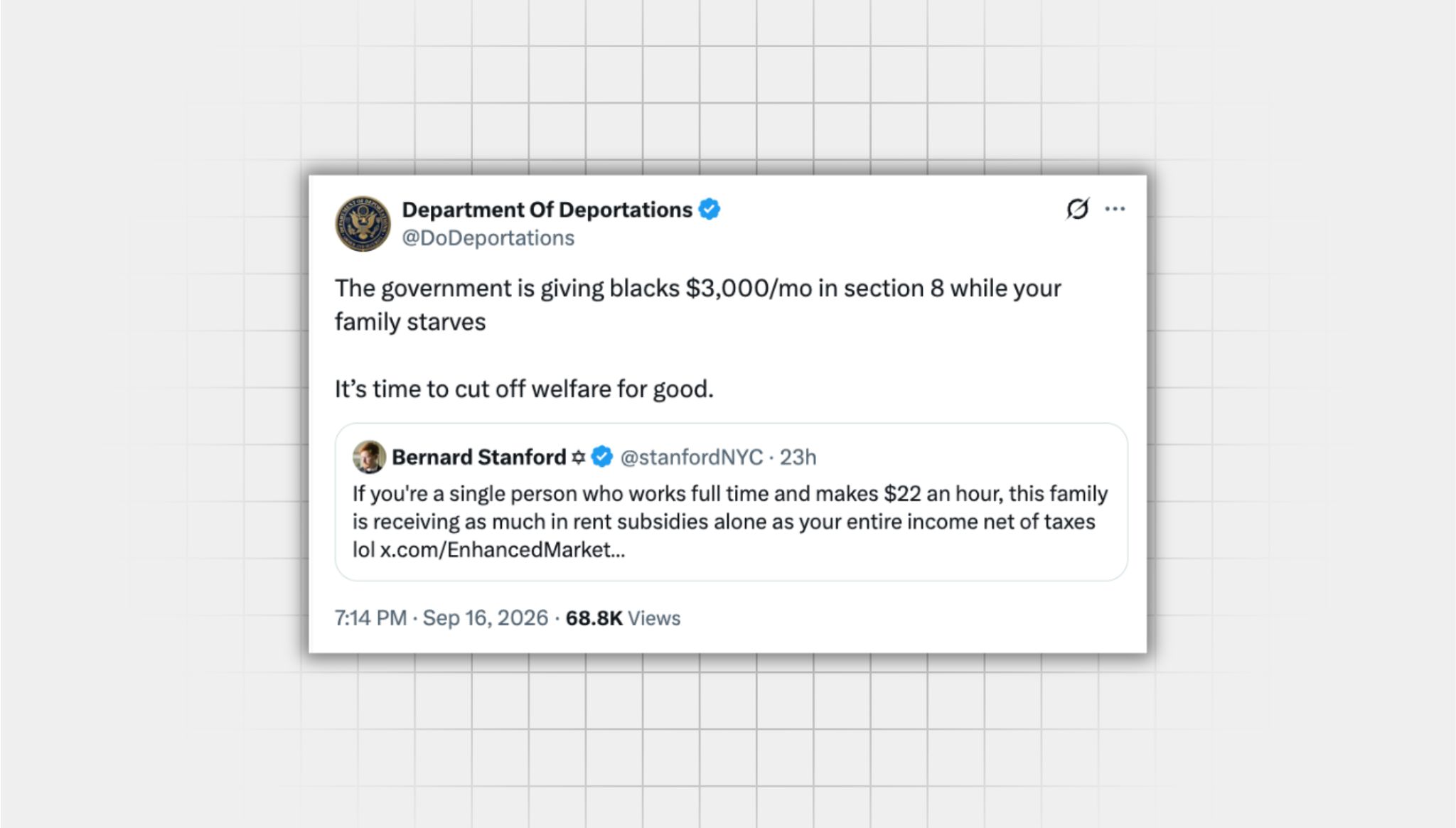Screenshot of a misleading X post from a user with the username “@DoDeportations” that reads: “The government is giving blacks $3,000/mo in section 8 while your family starves It’s time to cut off welfare for good.” this post is quote reposting another post from a user with the username “@stanfordNYC” that reads: “If you're a single person who works full time and makes $22 an hour, this family is receiving as much in rent subsidies alone as your entire income net of taxes lol”