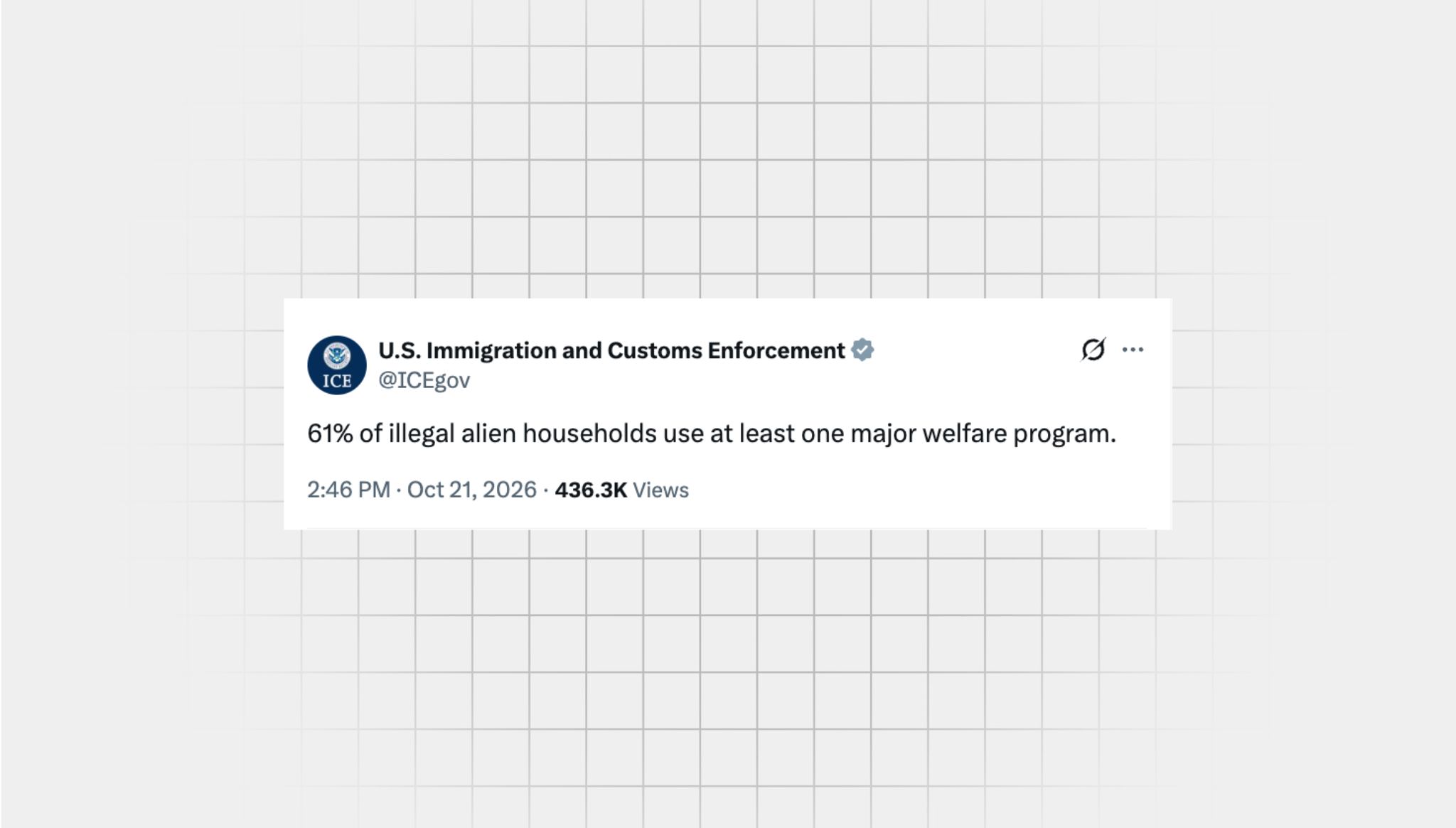 screenshot of an X post lacking context from a user with the username, “@ICEgov” that reads: “61% of illegal alien households use at least one major welfare program. ”