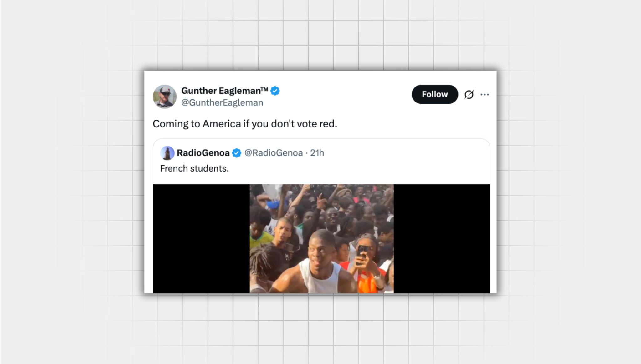 Screen of an misleading X post from a user with the username “@GuntherEagleman” that reads: “Coming to America if you don't vote red.” Attached is a video of a group of Black individuals dancing at a block party. “MISLEADING ” is written in big orange letters There is a response below the screenshot of the post. The full text of the response in this image is included in this post.