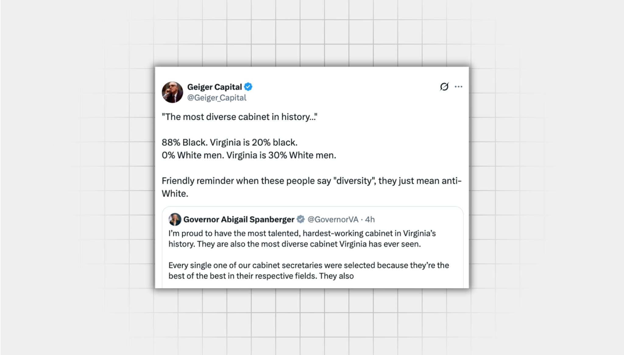 Screenshot of a false X post from a user with the username “@Geiger_Capital” that reads: “‘The most diverse cabinet in history…’ 88% Black. Virginia is 20% black. 0% White men. Virginia is 30% White men. Friendly reminder when these people say "diversity", they just mean anti-White.” the post is quote reposting a post from Virginia Governor Abigail Spanberger that reads: “I’m proud to have the most talented, hardest-working cabinet in Virginia’s history. They are also the most diverse cabinet Virginia has ever seen.